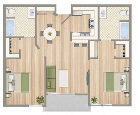 Floor plan for 2 beds, 1 bath, 906 sqft